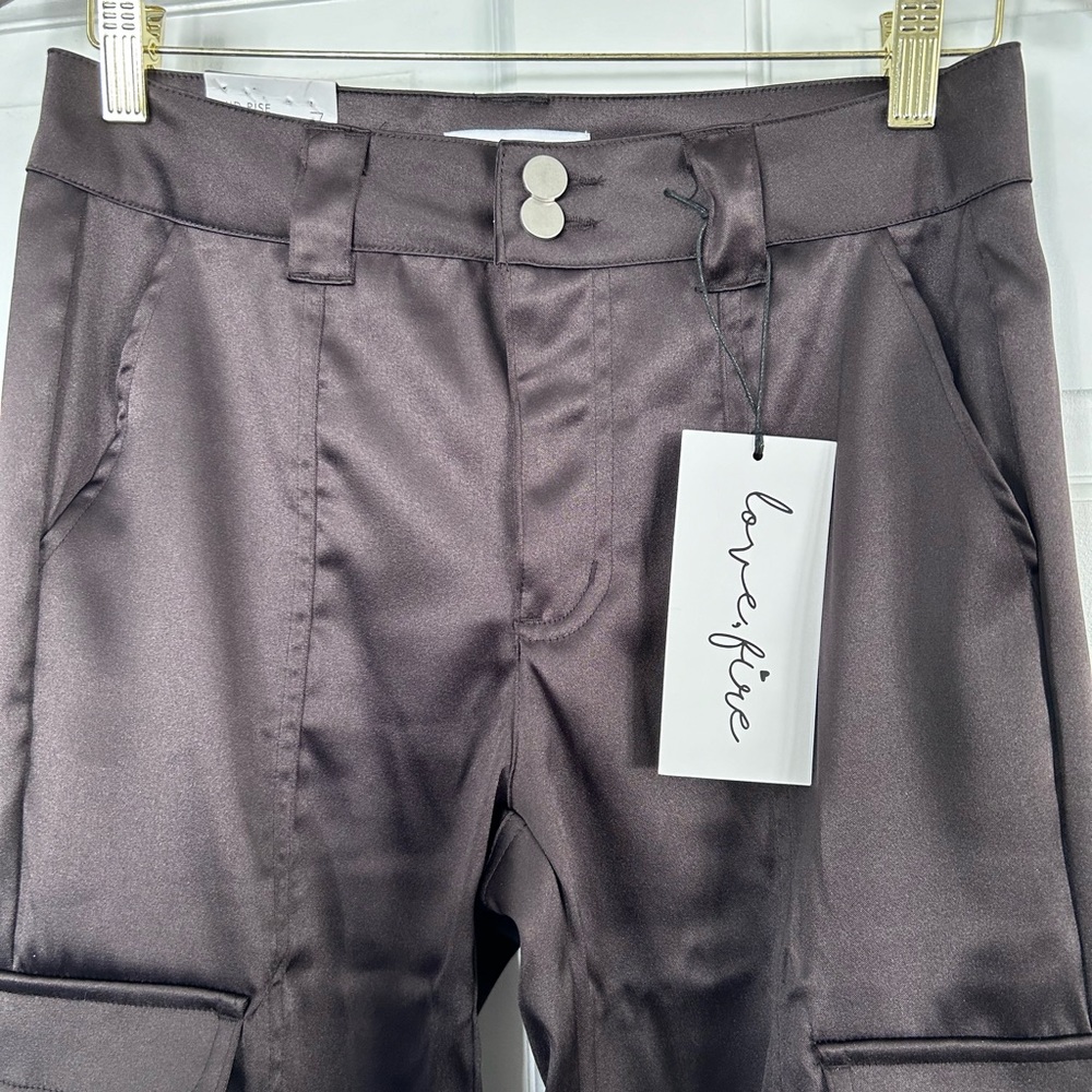 Black mid-rise satin cargo pants